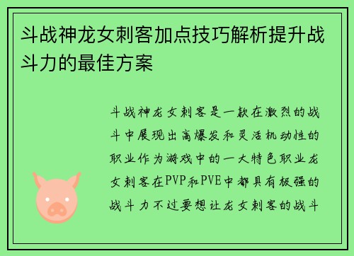 斗战神龙女刺客加点技巧解析提升战斗力的最佳方案